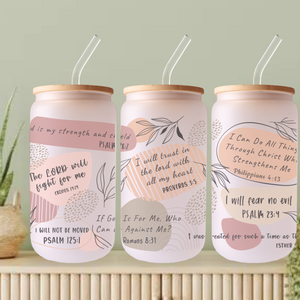 Bible Verse Can Glass, Scripture Iced coffee glass for bible study, quiet time glass, Christian gift idea, Bamboo Lid, Stainless Straw