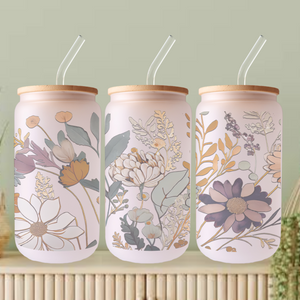 Boho Floral and Plant Frosted Can Glass, Beer can glass, organic plant design, feminine sustainable living gift, Bamboo Lid, Stainless straw