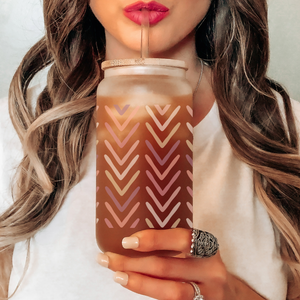 Boho Chevron Pattern Can Glass - Neutral Colors Tumbler - Beer can glass, Boho coffee glass, Bamboo Lid, Stainless straw