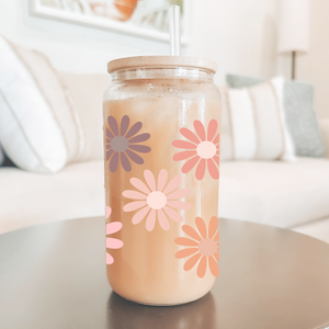 Boho Daisies Frosted Can Glass, Daisy design glass tumbler, retro daisy beer can glass