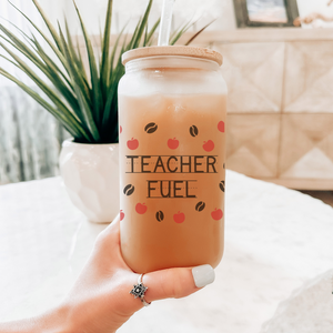 Teacher Fuel Can Glass - Teacher Appreciation Gift - Teacher Coffee Glass - cute Gift for teachers with bamboo lid and stainless straw