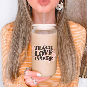 Teach Love Inspire Can Glass - Teacher Gift for teacher appreciation- Hippie Flower Tumbler, Groovy frosted can glass