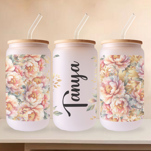 Personalized Name Can Glass, iced coffee glass with name, Custom gift with peonies and script name with Bamboo Lid and Stainless Straw