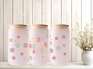 Tiny Human Tamer frosted Can Glass - Teacher Appreciation Gift - Groovy coffee glass with smiley flowers - Back to School Tumbler