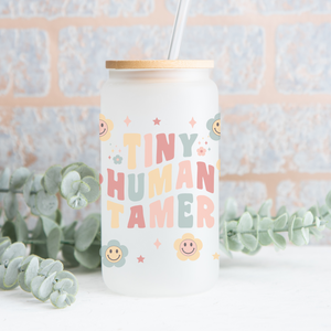 Tiny Human Tamer frosted Can Glass - Teacher Appreciation Gift - Groovy coffee glass with smiley flowers - Back to School Tumbler