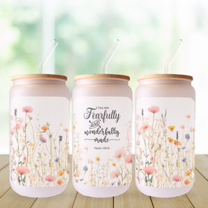 Psalm 139:14 You Are Fearfully and Wonderfully Made Frosted Can Glass, Bamboo Lid, Christian woman gift, quite time coffee glass