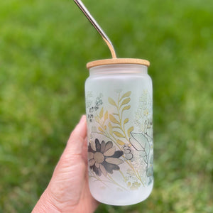 Boho Floral and Plants Can Glass, Beer can glass, organic plant design, feminine sustainable living gift, Bamboo Lid, Stainless straw