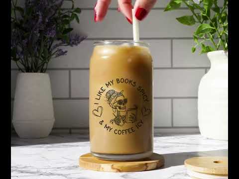 "I Like My Books Spicy" Glass Cup 16 Oz - Book Lover Gift With Lid & Straw, Perfect For Iced Coffee & Reading