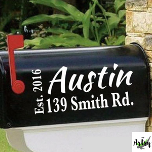 Name, address and est. date mailbox decal, mailbox address decal