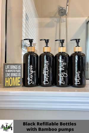 black refillable bottles for bathroom, bottles with bamboo pumps