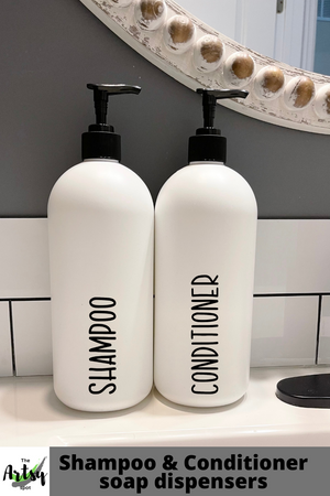 32 oz. Refillable Shampoo and Conditioner bottles, White plastic pump bottles, Kitchen bathroom soap dispensers, Airbnb bathroom, VRBO kitchen