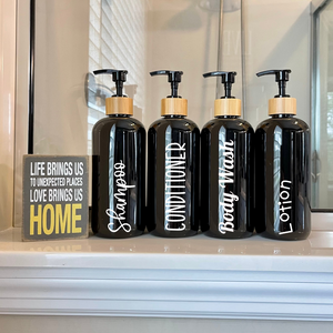 black refillable bottles with bamboo pump, black soap dispensers