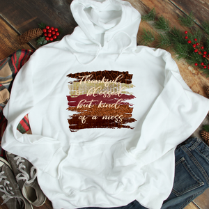 Thankful and blessed but kind of a mess hoodie, funny fall hoodie, fall hooded sweatshirt, hoodie for fall 