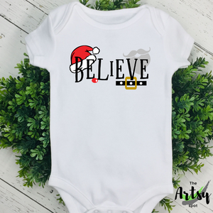 Believe, Christmas infant bodysuit, Christmas onesie, Baby onesie for Christmas, Cute Christmas baby apparel, Christmas baby outfit