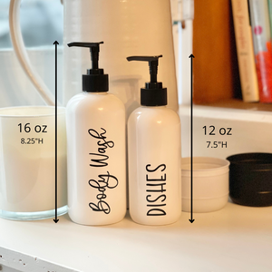 16 oz and 12 oz sizes, refillable white bottles for the bathroom and kitchen, The Artsy Spot