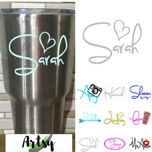 Name decal with heart, tumbler name decal, car window name decal