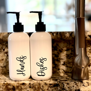Refillable Hands and Dishes bottles, White plastic bottles with pump, Farmhouse Kitchen, bottle set, Airbnb kitchen, VRBO kitchen, White bottles