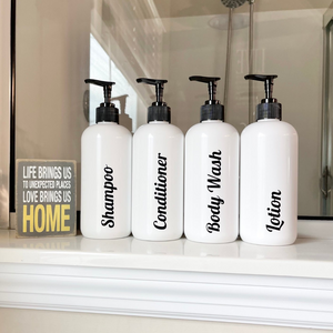 SET of 4 Refillable WHITE plastic bathroom bottles with pump dispenser