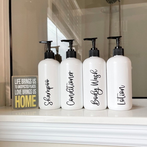 Refillable Shampoo and Conditioner bottles, White plastic bottles with pump, Ideas for Farmhouse bathroom