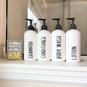 Refillable Shampoo and Conditioner bottles, White plastic bottles with pump, Farmhouse bathroom, bottle set with Rae Dunn like font, Airbnb decor, VRBO decor