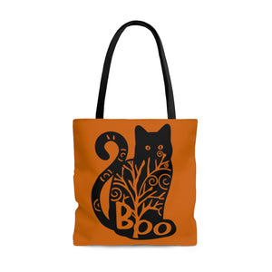 Cat mom bag, Cat bag with BOO cat, Burnt orange and black tote bag for Halloween, Trick-or-treat bag, Fall tote bag