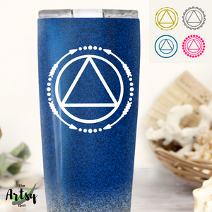 Picture of the AA symbol decal on a tumbler, AA decal for a tumbler, 4 style options for an AA symbol vinyl decal