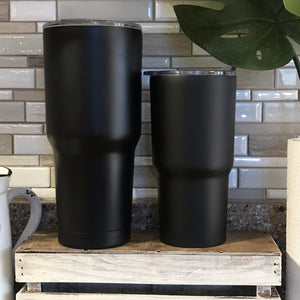 Black double walled insulated tumblers, 30 oz and 20 oz