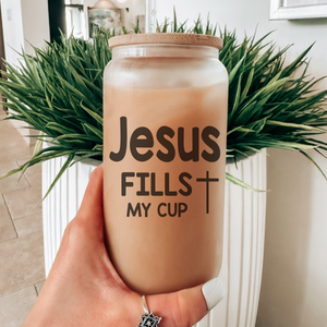 Jesus Fills My Cup, Can Glass, Christian coffee glass, Faith inspired gift, Jesus coffee cup, Bamboo Lid and Stainless Straw
