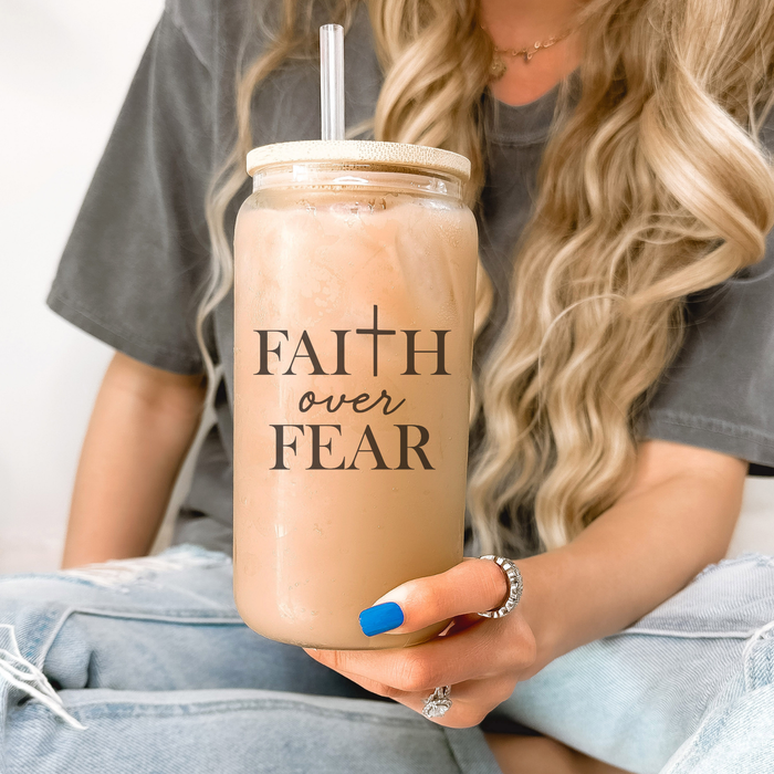 Faith Over Fear Frosted Can Glass with Cross