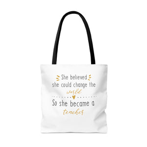 She believed she could change the world so she became a teacher, book bag