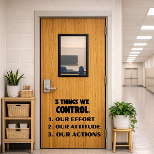 3 Things We Control Our Effort Our Attitude Our Actions, Wooden door with motivational quote on a hallway wall
