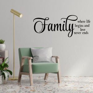 Family where life begins and love never ends, Family decal, Family wall decor