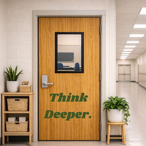 Wooden door with 'Think Deeper' decal in a hallway setting