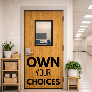 Wooden door with 'OWN YOUR CHOICES' text in a hallway setting