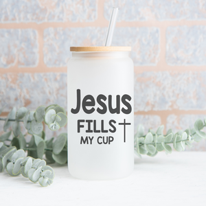 Jesus Fills My Cup, Can Glass, Christian coffee glass, Faith inspired gift, Jesus coffee cup, Jesus follower gift