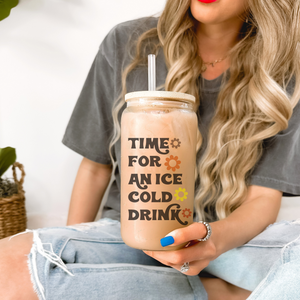 Time for an Ice Cold Drink, Iced coffee glass, retro beer can glass, neutral color flower motif, Groovy glass, Bamboo Lid, Stainless Straw