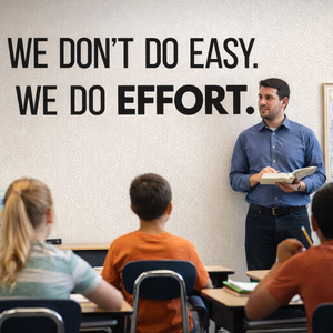 Teacher in a classroom with students, motivational quote on wall, and educational materials.