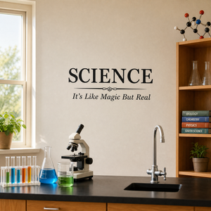 Science It's Like Magic But Real wall decal displayed in a classroom setting with books and lab equipment