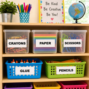 Decal labels Educational supplies including crayons, paper, scissors, glue, and pencils organized on a shelf with labeled bins.