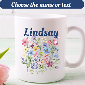 Watercolor Wildflowers Coffee Mug with name, Personalized gift, Feminine gift idea