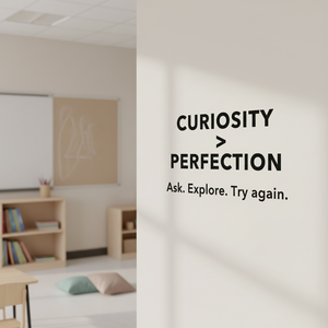 Curiosity Over Perfection classroom wall decal on a bright classroom wall