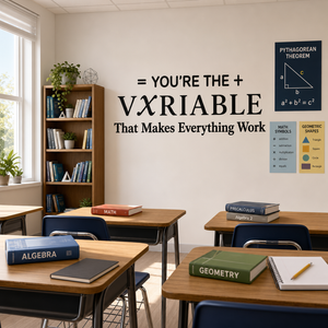 You're the Variable That Makes Everything Work math teacher wall decal in a bright classroom with wooden desks and blue chairs