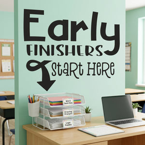 Early Finishers Start Here wall decal displayed above file trays and a teacher desk area in an elementary classroom.