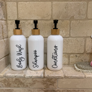 Bamboo pump Refillable White bottles, Plastic Soap Dispensers