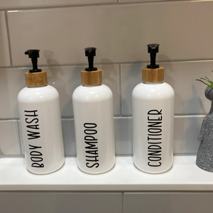 Bamboo pump Refillable White bottles, Plastic Soap Dispensers