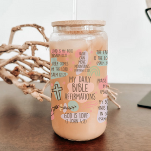 My Daily Bible Affirmations Can Glass, Scripture coffee glass for bible study with Bamboo Lid and Stainless Straw, Christian gift idea