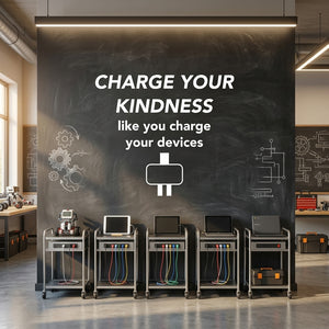 Charge Your Kindness classroom wall decal on a dark accent wall