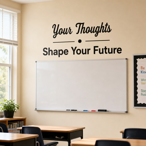 Your Thoughts Shape Your Future wall decal on a classroom wall, inspirational quote in script and bold lettering