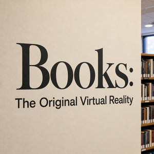 Close-up view of Books The Original Virtual Reality wall decal showing vinyl matte finish on library wall