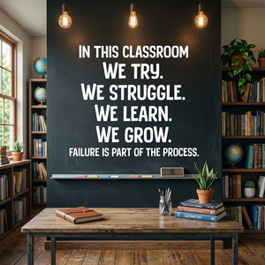 Chalkboard wall with motivational quote in a classroom setting